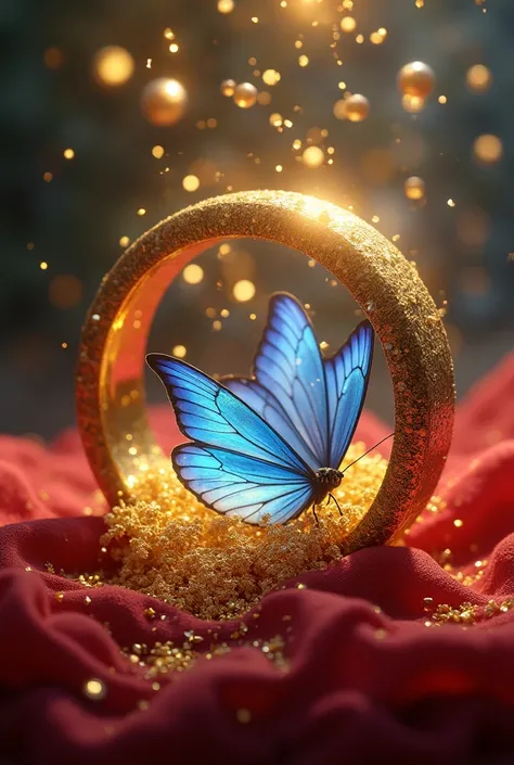 Materialize shiny, with golden Ring and rain of gold nuggets made from bokeh spirals gold ring blue butterflies inside and one rainbow feather trapped inside in the middle of giant blue gem, lying on the red cotton cloth