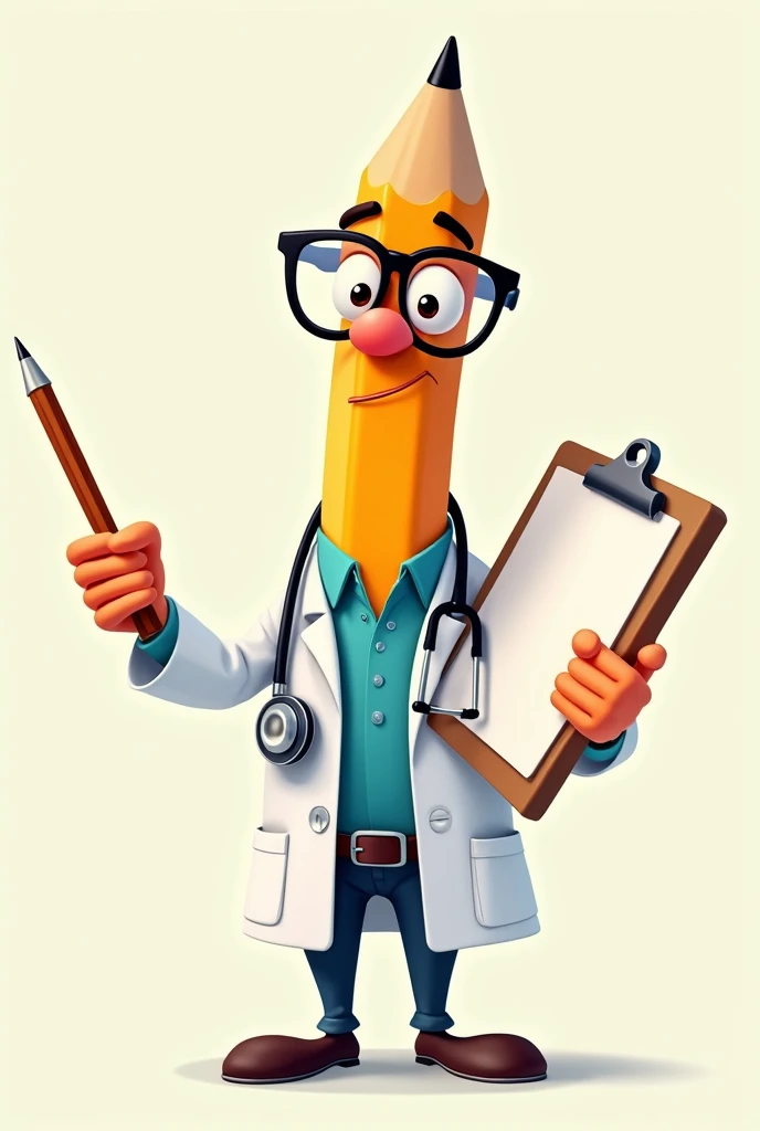 animation-style cartoon of a writing pencil dressed as a doctor wearing glasses and holding a drawing board