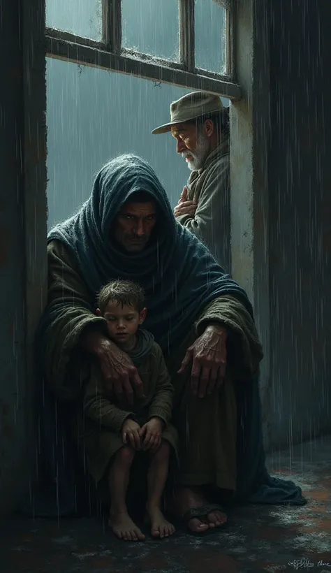 A beggar with his son trying to protect himself from the rain and the window of a house a man with his son on his lap looks at them with a sad face.. realistic