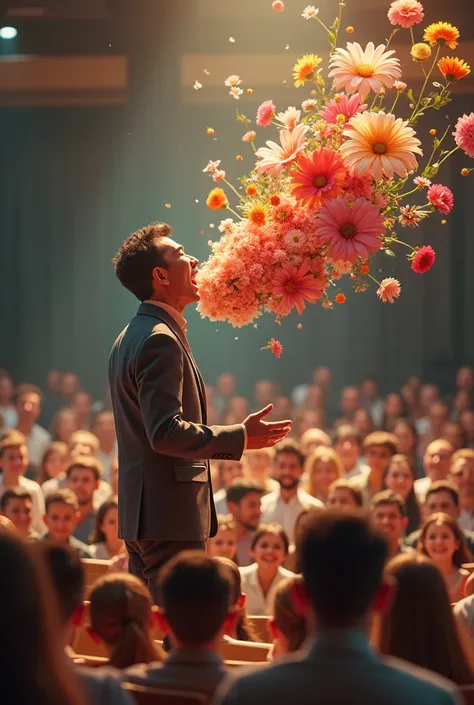 Personalizing a happy conference and having flowers come out of his mouth while other people watch him
