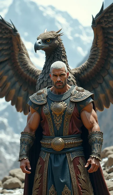 Muscular man with short white hair with a creature with head of eagle and body of dragon with eagle wings, shaved face, handsome, in a persian battle suit, in the mountains, 