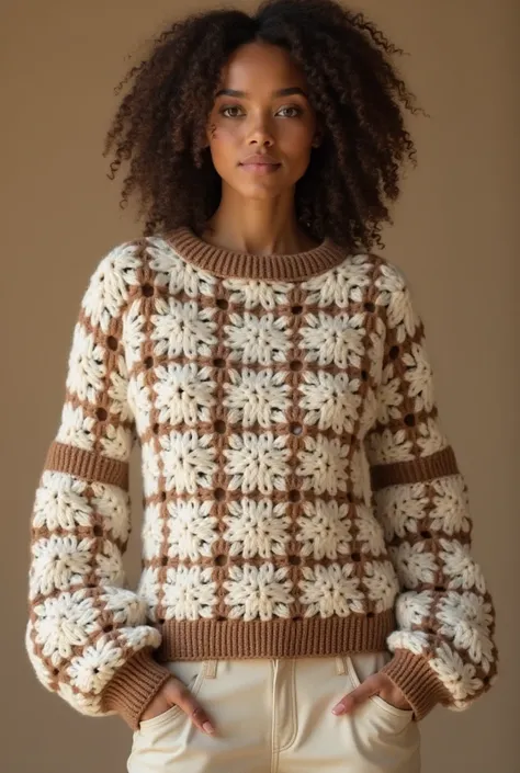  crochet sweater with puffy sleeves, made of square pattern, mix with these colors (white-brown-latte)