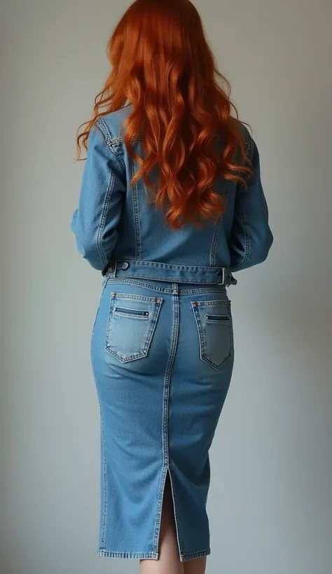 portrait of a stunning Indonesian girl, 20, long red curly hair, wearing a plain jeans jacket and super pencil long skirt (light blue colour), look from back (full perfect body, very very very super realistic, very super juicy curvy big booty bottoms)