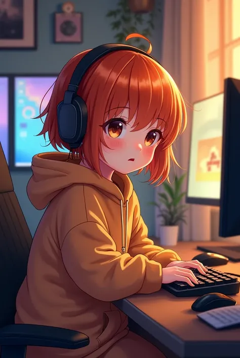 Cute ginger femboy wearing an oversized hoodie with a gaming headset sat at a gaming desk 