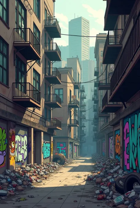 Generate an urban landscape without people ,  with a garbage dump and several graffiti on the walls, back buildings, fire staircases, windows ,  with the same technique as the reference image (1920 x 1080 format) as if it had been drawn by a fourth-semeste...