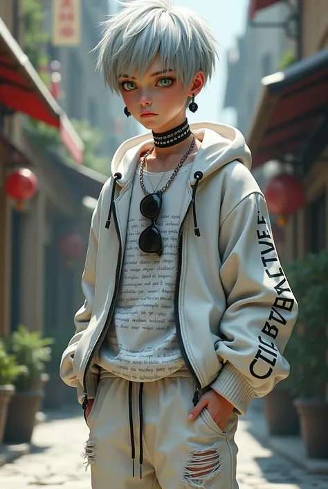 3D anime style, gothic,  boy, silver hair, black skull earrings, green eyes, serious expression, white long-sleeved T-shirt with English words all over it, T-shirt wearing sunglasses, white drawstring sports trousers with large pockets, ripped at one side,...