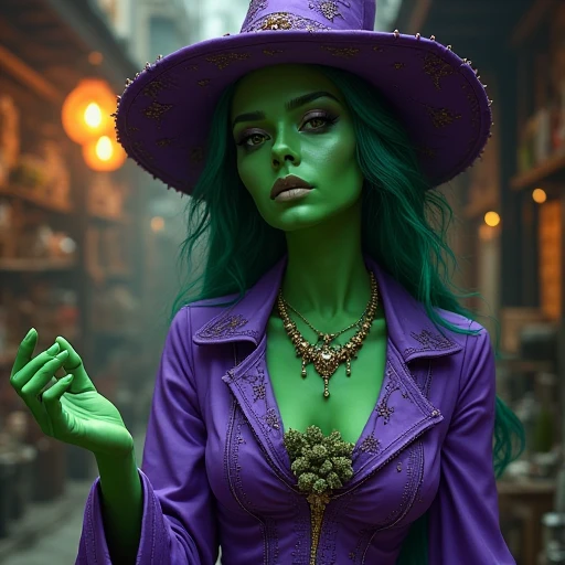 woman green skin, purple ouTfiT, voodo haT, shop is open hand wearing weed buds pokeT
