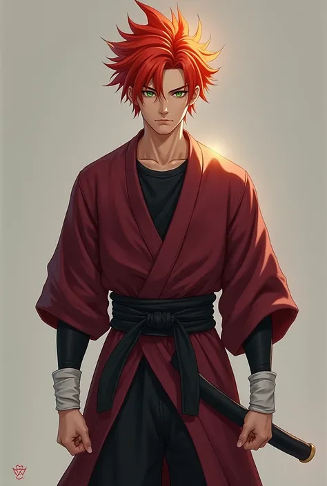 *He is a 21-year-old boy , with red hair bristling up in the shape of a flame with a single strand of hair on the forehead,  emerald green eyes , a serene and serious look , Defined muscular body  , measures 1 ,79 cm tall and is wearing a wine-red dogi,  a...