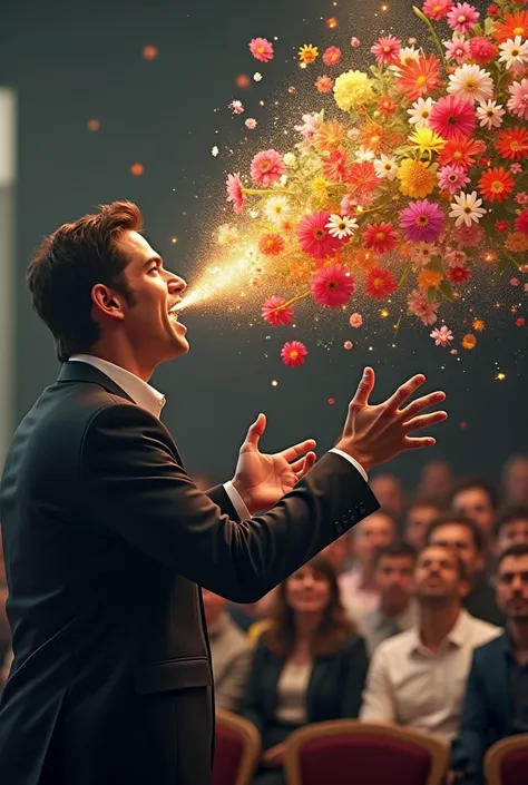 energetic man chatting in front of a group of people while flowers come out of his mouth