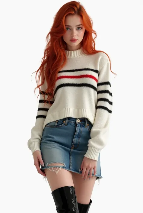    crimson hair and great attention to detail  ,   extremely realistic  ,  hyperrealism ,  super real , (  masterpiece striped sweater,  attention aux yeux délicats  : 1.2), ( mignon), fille de 22 ans,   petit pull court blanc transparent épaules dénudées ...