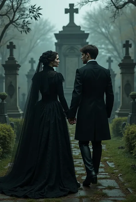 Victorian comic widow with her lover visits her husband's grave buried alive