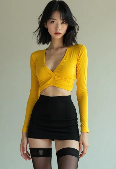 A beautiful korean girl with  tight thin yellow outerwear, and tight black starking, and tight black underwear, and black shoes, and black mini skirt.