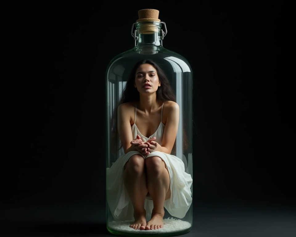 ((Masterpiece, High Quality, 8K, UHD, Hyper Realistic, Sharp Focus, Surreal)), Arafed a full body portrait of A muscular Malay woman trapped in a bottle, transparent glass bottle, wears nightgown, compression, fill in a bottle completely, tight, compact, c...