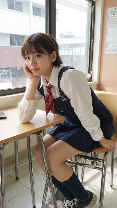  is sitting on a chair with her elbow on her classroom desk and looking ahead、 has a short hairstyle and a big smile、I'm wearing a high school uniform and a dark blue pleated miniskirt、Wear dark blue socks、 sneakers similar to Oko 、Photorealistic image sho...