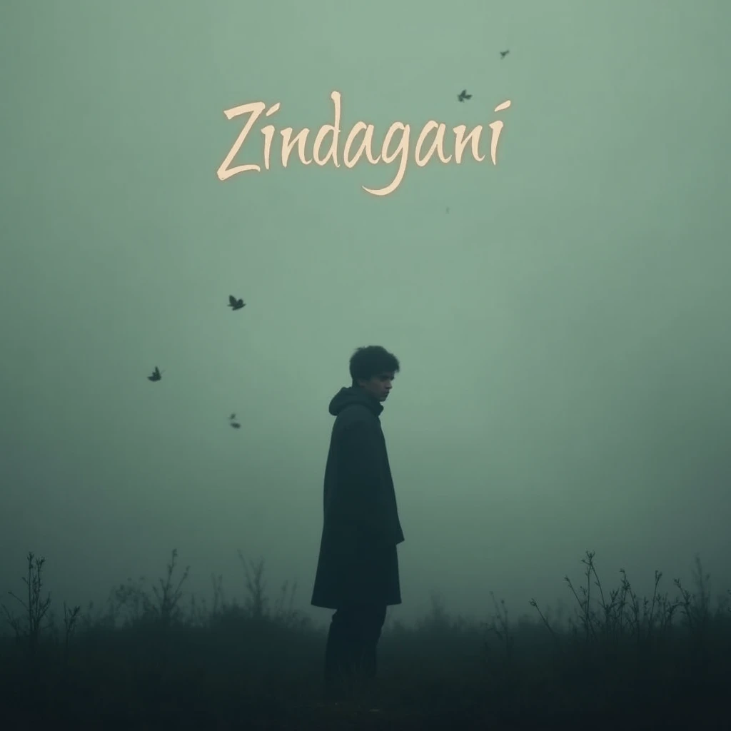 Create a hd music video poster that portrays my song as it is a sad and slow song and add a text ZINDAGAANI on it as its my track name