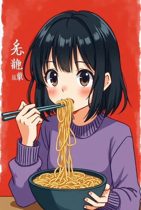 Girl eating ramen,  short black haired girl with her hair tied down and the fringes fall only for the left and right sides, No to the middle ,  in a purple sweater,  that the ramen is in her mouth with a fork  *ancient Chinese style opaque watercolor*  the...