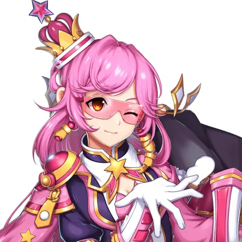 GC character, Grand Chase character, GC character face, GC detailed face, A vibrant anime portrait of a young woman with vibrant pink hair styled in voluminous curls, adorned with gold-accented star-shaped accessories.  She wears a regal-style outfit with ...