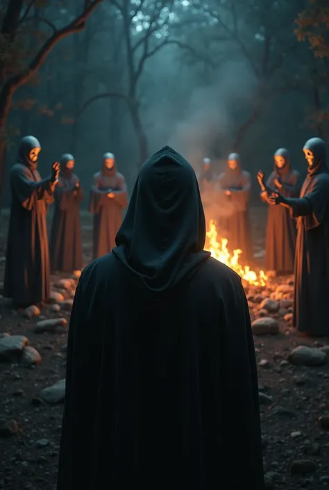 Kaleb's infiltration into the cult 
" A young man hiding under a dark cloak ,  observing a macabre ritual around a fire ,  with masked followers chanting incantations."