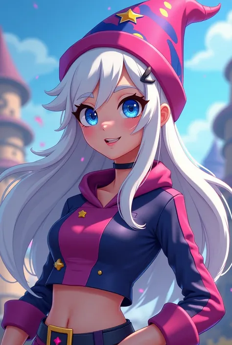 Do a girl with white hair and blue eyes in the Mandy costume from Brawl Stars