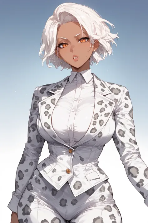 Woman, dark skin,white hair, topknot, Short hair,Mole near the mouth, white leopard print suit, anime style, orange eyes 