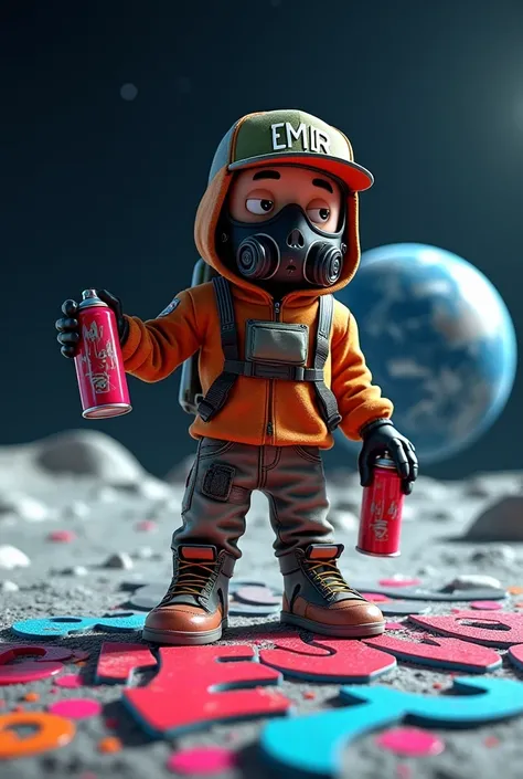 graffiti graffeur  personnage animé look hip hop 3D casquette écrit Emir dessus masque à gaz , tient une bombe de peinture dans chaque main,sur la planete lune sol lunaire avec la terre au loin 
