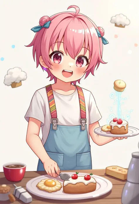 (Best Quality, 4k, Masterpiece:1.2), 1Boy, (Solo), Pink hair, Short short hair, Knee-length shorts, Light blue pants, apron, white top, Pants suspension, Light blue suspenders, Smiling mouth, ((No background)), Pink eyes, Sorrisos, hair ribbons, magia, coo...