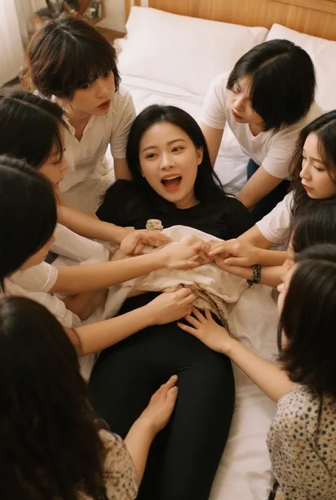 A cute, laughing Chinese woman in tight black pants and a t-shirt is tied to a bed and tickled all over by eight women.