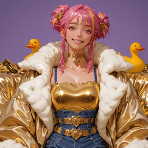 purple background, cushions,1girl, human, yellow golden duckies, 24k gold, shiny, reflections, really happy, cool, money theme design, crazy rich, fluff coat, dress, straps, neck heart choker, cute pink streaked hairstyle (ducks) (duckies), some ducks in t...