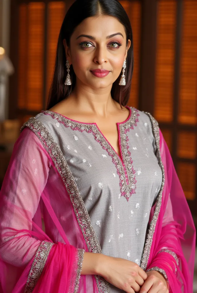 Aishwarya rai, wearing a light gray top with pink floral embroidery design on the front, a pink dupatta (over-draped shawl), and silver stud earrings, facing the camera directly, centered in the frame, medium shot, soft lighting, warm color palette of ligh...