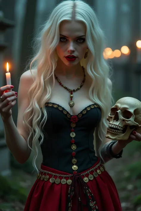 Create an image of an extremely beautiful and delicate woman, White with long hair, red lips and extremely vibrant, red eyes, She must wear a black corset, red skirt with gold details and gypsy coins, She must be in the cemetery at night with candles burni...