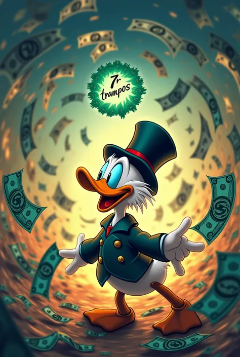 An art with a logo written “7R Trampos” with Uncle Scrooge in the image and flying money bills