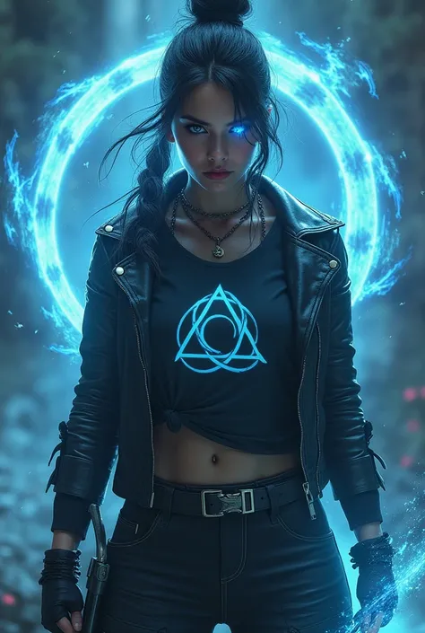 A poster of a beautiful warrior with a piercing blue eye armed with a magic sword and filaments of blue magic flying around ,  she is dressed in an elegant black leather jacket and a black t-shirt with the symbol of the triad. Epic fantasy 3D cinematic sty...