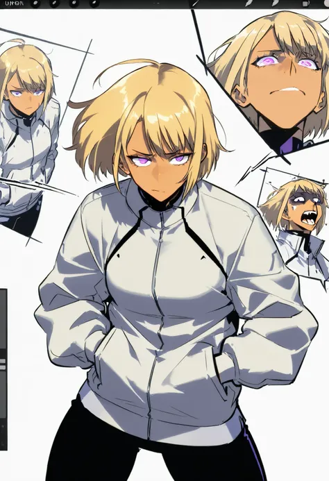 Athletic woman in futuristic fantasy clothes, blonde hair , purple eyes,  tan, tight white jacket, black pant, intricate pencil sketch, expressive eyes and nose and mouth, un-zoom, highly detailed, dynamic pose, white background, Hans in pockets, upperbody...