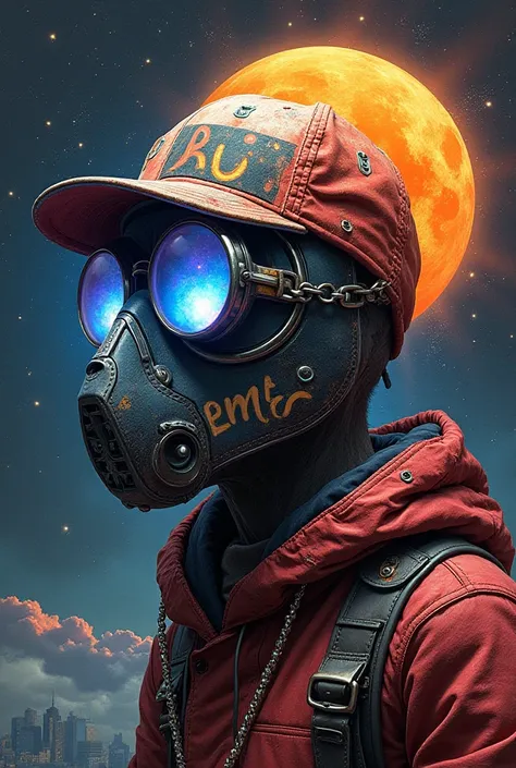 graffiti graffeur  personnage animé look hip hop 3D casquette écrit Emir dessus masque à gaz , tient une bombe de peinture dans chaque main,sur la planete lune sol lunaire avec la terre au loin eblouisante
