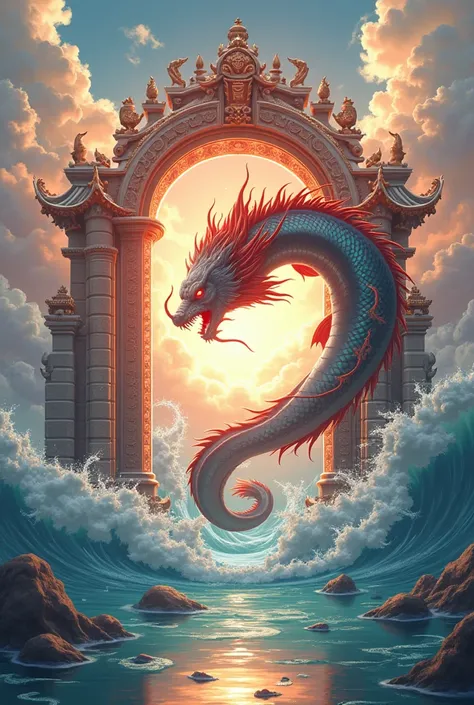 Draw a carp dragon gate image. With Anime style