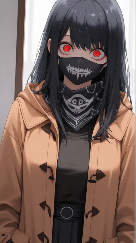 Tokyo ghoul
High quality ,  best quality , masterpiece,  High Resolution , anatomically correct,anime Coloring
solo, 1 girl,adult
, long hair, black hair, red eyes
, duffel coat ,black long skirt, mouth black Bandana Mask
looking at viewer ,close up, upper...