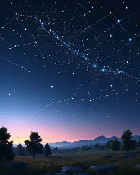 Sky at dusk with constellations in the rendering style of a realistic game