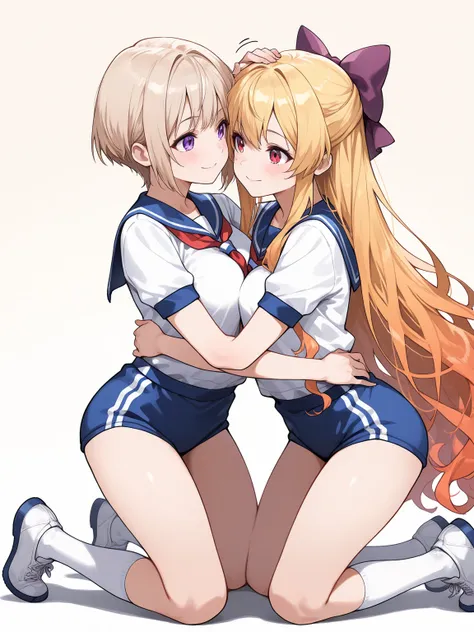 2girls, {(  blond hair,  long hair,  red eyes ,  gym uniform,  hair bow)}, | {( Hair, very  long hair,  short hair,   purple eyes,  sailor suit,  hair bow, smile)},  full body shot on one side, Face between breasts, headpat, , mutual ,  Dynamic Poses ,   c...