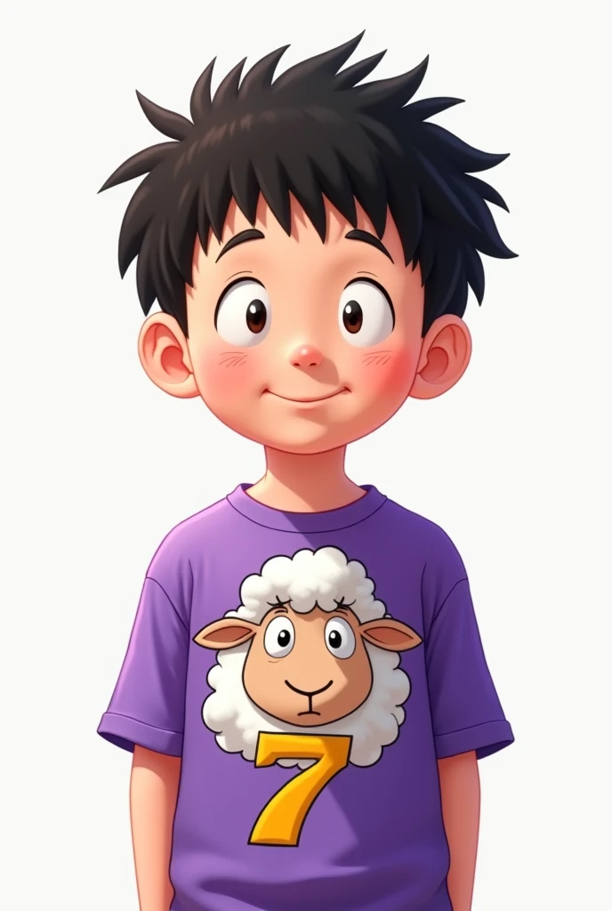 An image of Nobita wearing a purple t-shirt that has the face of a sheep and the number 7 printed on the shirt 