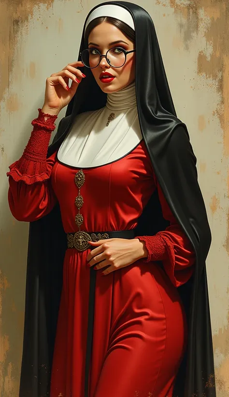 the proportions and detailed textures multicolored brushwork and softened with airbrush, semi-realism ink china illustration A sexy young nun´s is shown (full body and in high quality, bold pose, perfect face, innocent look (bright emerald eyes) full lips,...