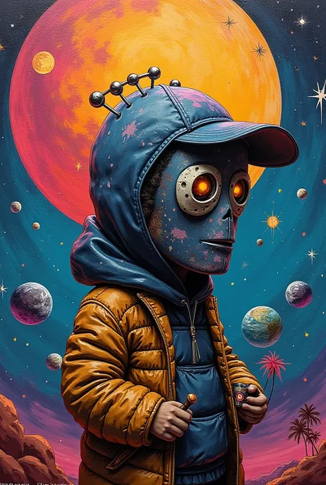 graffiti graffeur  personnage animé look hip hop 3D casquette écrit Emir dessus masque à gaz et aureole de saint au dessus de la tete, tient une bombe de peinture dans chaque main,sur la planete lune sol lunaire avec la terre au loin.
