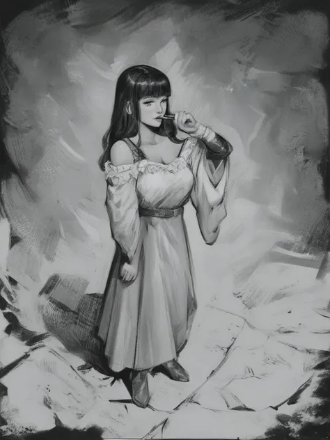 1girl. sashfr, brush strokes, brush texture, digital painting,
A masterpiece illustration of a girl standing in a dark dungeon, in comic book art style, expertly drawn with great attention to detail, drawn in monochrome, use of hatching and crosshatching t...