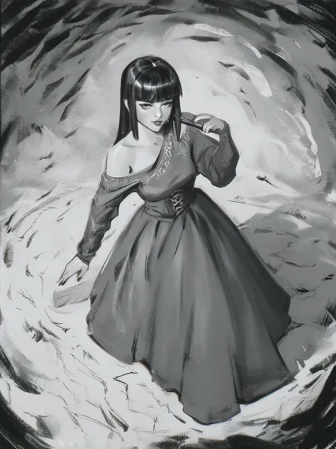 1girl. sashfr, brush strokes, brush texture, digital painting,
A masterpiece illustration of a girl standing in a dark dungeon, in comic book art style, expertly drawn with great attention to detail, drawn in monochrome, use of hatching and crosshatching t...