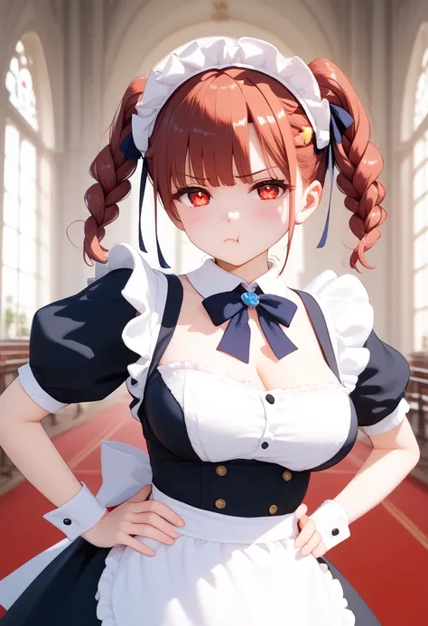 1girl, solo, masterpiece, best quality, blushing, maid uniform, asterpiece,best quality,girl,cute face,clear skin,shiny hair,ultra detailed eyes,simple background,   braid twintail, ribbon, hands on her hips, round breasts, pout, pouting, red eyes, castle ...