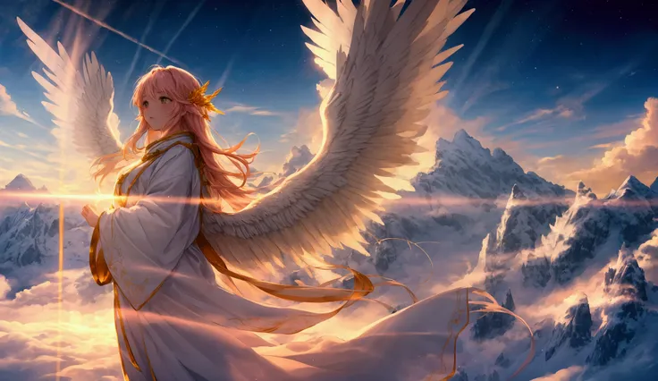 " A majestic heavenly angel emerging from golden clouds, with outstretched wings made of pure light ,  dressed in white robes flowing softly in the wind .  Background of snow-capped mountains at dawn ,  with the sky painted in shades of orange , pink and b...