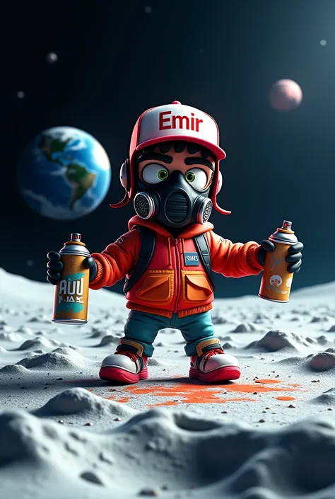 graffiti graffeur  personnage animé look hip hop 3D casquette écrit Emir dessus masque à gaz, tient une bombe de peinture dans chaque main,sur la planete lune sol lunaire avec la terre au loin.
