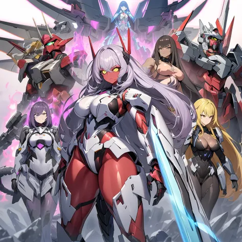 Anime, high detailed, multiple womans, mature womans, mecha armor, large mechanical wings, "Automotive-like" details on their mecha armors, serious, large clawed Gauntlet, red skin, curvy body, long mechanical tail,pink sclera、Colored sclera、crimson Colore...