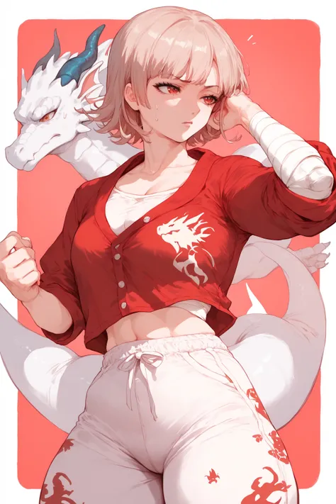 Woman, Chiaki Nanami,Red sweatpants, Red button down blouse, white dragon print on blouse, white dragon print on pants,, white bandages, fighter, anime style ,