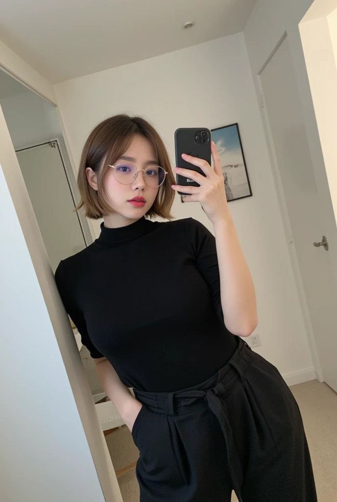  Girl taking a picture in front of a mirror with an iPhone, The skin of the white girl,  short hair,  wears lenses,  pink lips, He has a black blouse his big chest and his bagy pants (big old pants)