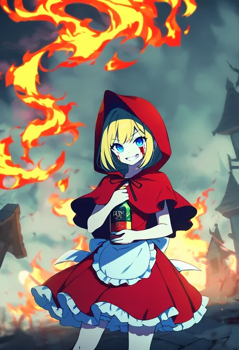 1girl,solo,bulleta,blonde hair,blue eyes,
little red riding hood (grimm) (cosplay),red dress,red hood,red capelet,apron,bottle,evil smile,evil grin,looking at viewer,fang,
standing,fire,white bloomers,, score_9,score_8_up,score_7_up,score_6_up,score_5_up,s...